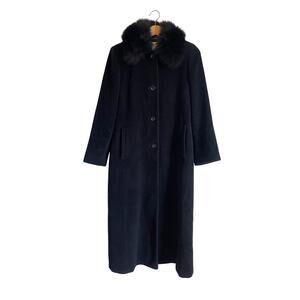 Larry Levine long black wool coat faux fur collar buttons lined pockets Size 6p